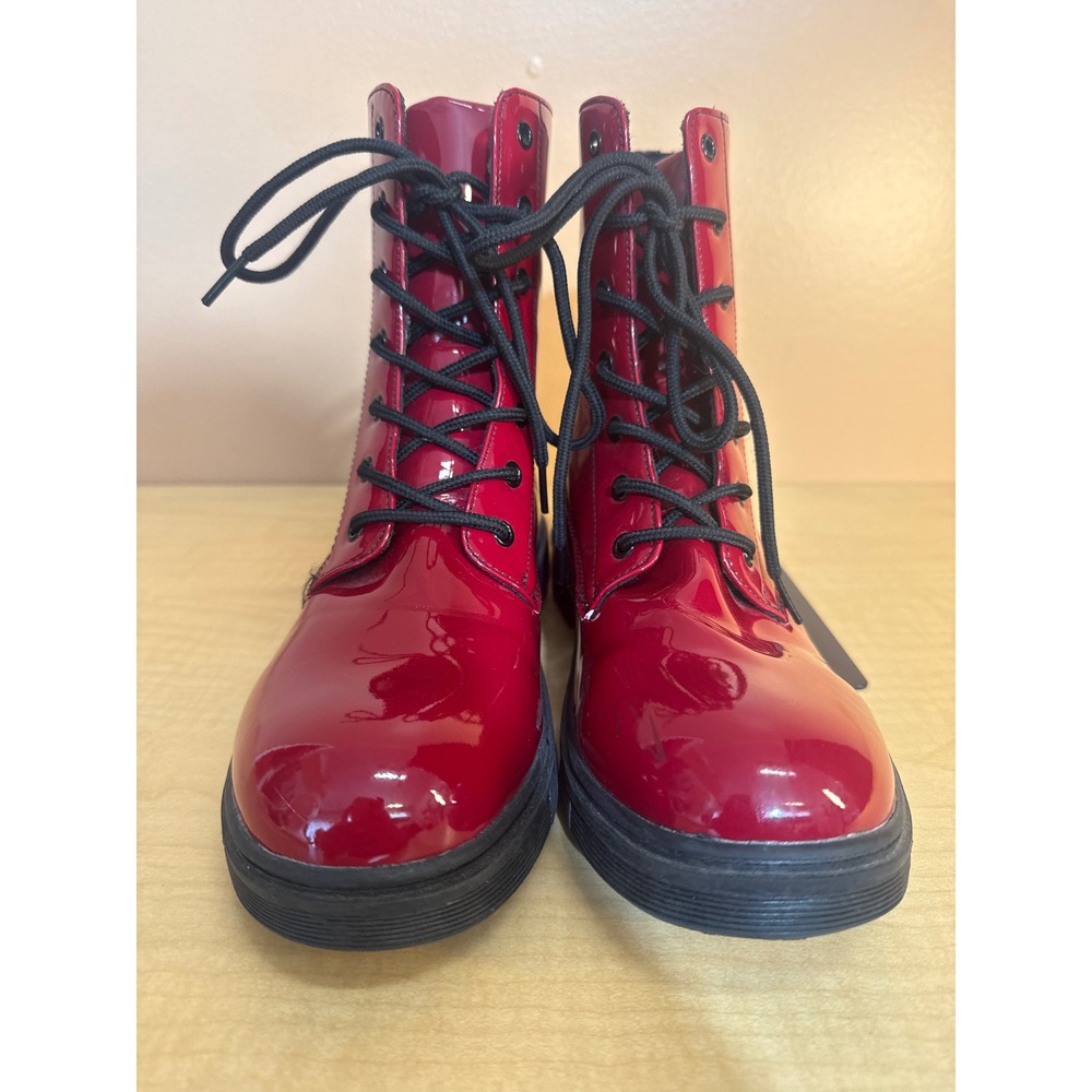 Jessica Carlyle Red Patent Leather Lace Up Combat Boots Womens Size 9 Lug Sole